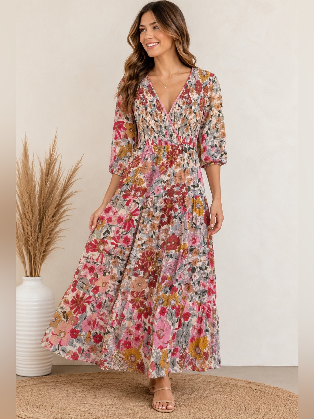 Polagram Floral Patchwork Smocked Tiered Maxi Dress Size Small Boho